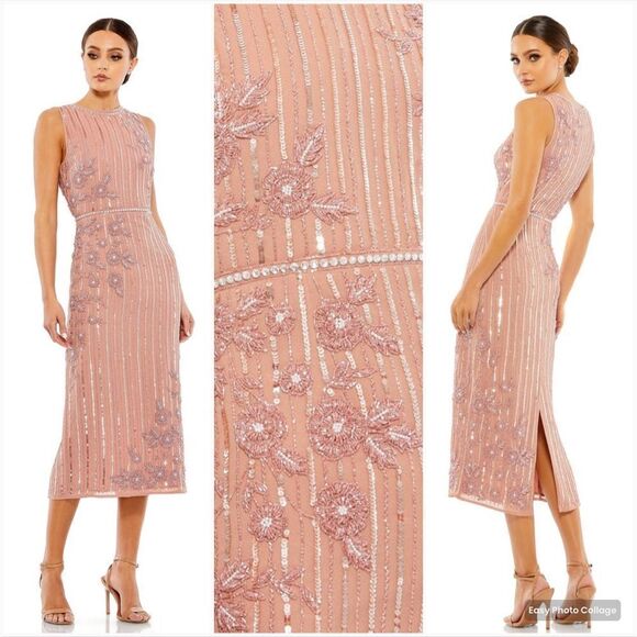 Mac Duggal Dresses & Skirts - MAC DUGGAL 70260 Womens Rose Striped Floral Embellished Sleeveless Midi Dress